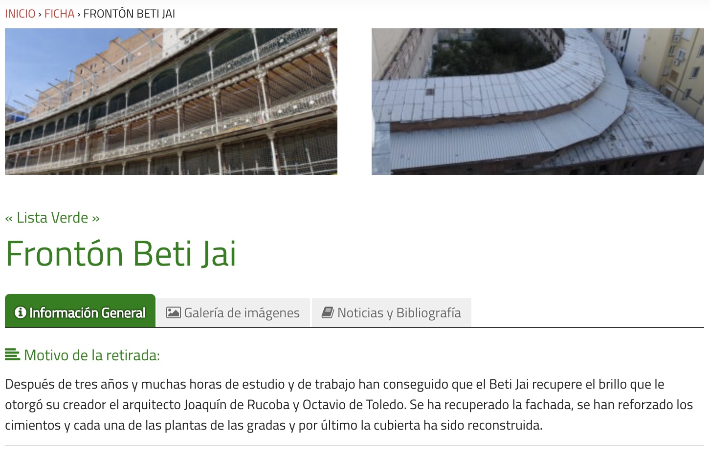 Beti-Jai en la Lista Verde del patrimonio de Hispania Nostra